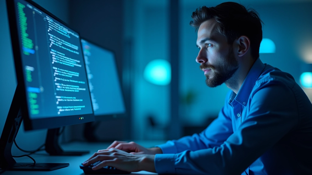 Programuotojas tiria teksto analizės kodo eilutes