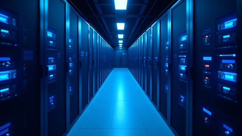 Serverio patalpa su mėlynu šviesimu, keletas šviečiančių serverių lentynose