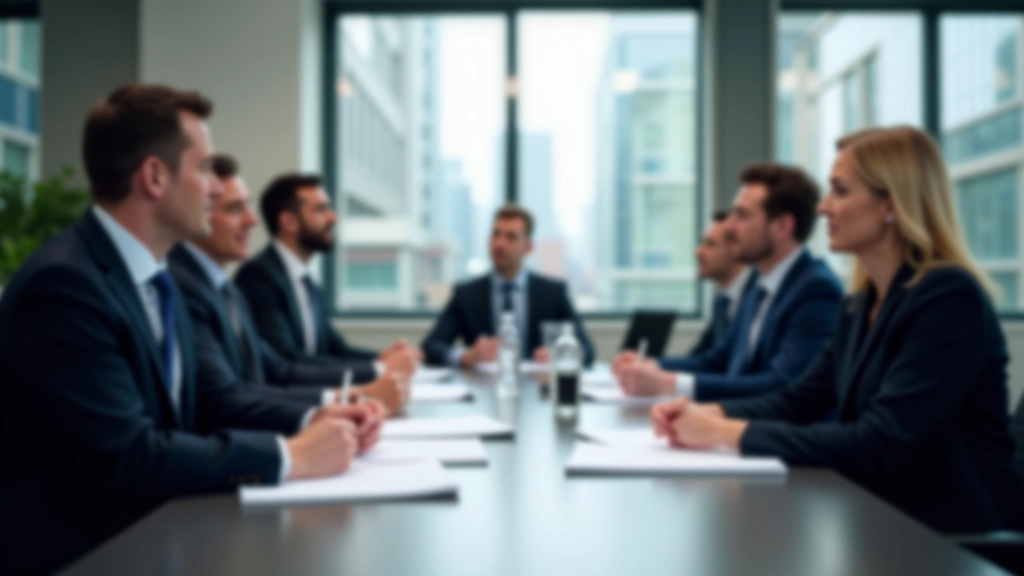 Žmonės diskutuoja apie rinką prie didelės buveinės stalo su strateginiais planu